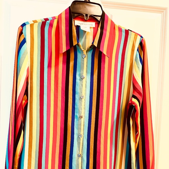 100% Silk Rainbow Striped Button Down Blouse Women’s size 10 Jones New York - Picture 1 of 4